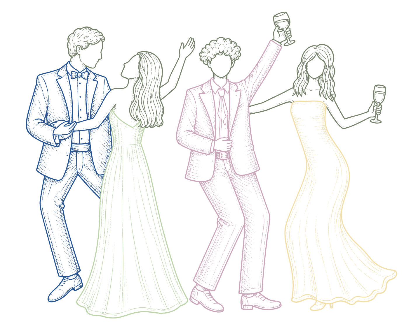 Illustration of guests wearing the suggested dress code colors